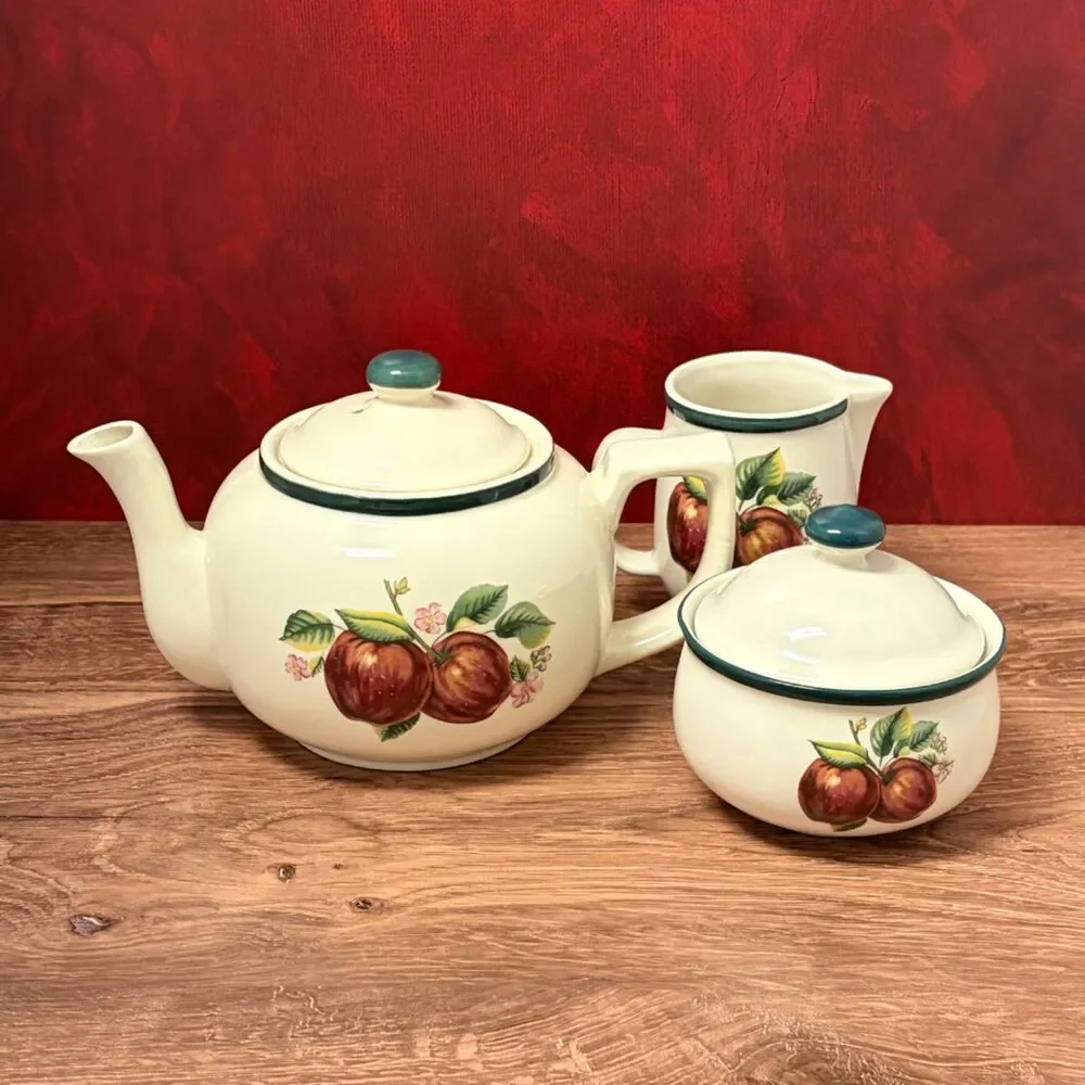 Casuals by China Pearl Apple Blossom Teapot Creamer Sugar Bowl Set